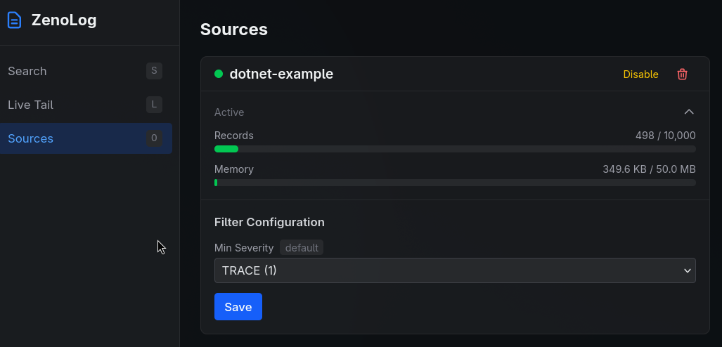 ZenoLog Web UI sources management with records, memory usage, and filter configuration