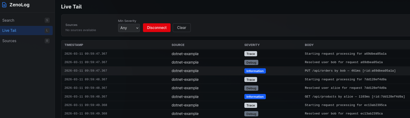 ZenoLog Web UI live tail view with real-time log streaming